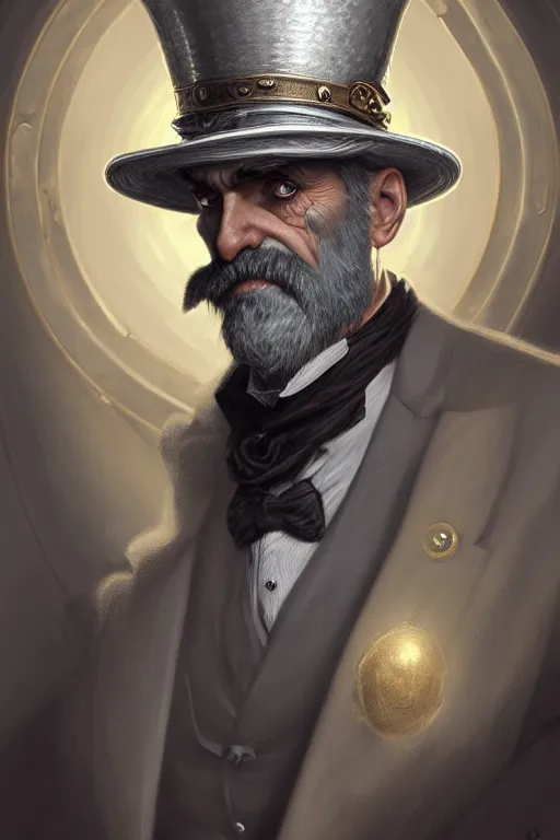 Image similar to silver monocle, portrait of a middle aged grey haired man with a top hat in the style of god of war, golden machine parts, intricate, elegant, highly detailed, digital painting, artstation, concept art, smooth, sharp focus, illustration, art by artgerm and greg rutkowski and alphonse mucha, 8 k