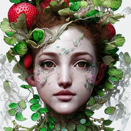 Image similar to the portrait of an absurdly beautiful, graceful, elegant, sophisticated, chaste woman made of strawberries and green petals looking up, an ultrafine hyperdetailed illustration by kim jung gi, irakli nadar, intricate linework, bright colors, octopath traveler, final fantasy, unreal engine 5 highly rendered, global illumination, radiant light, detailed and intricate environment