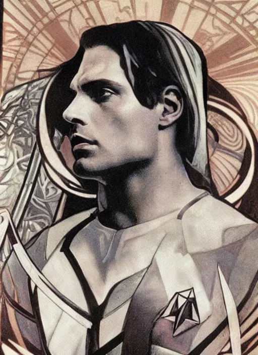 Image similar to sebastian stan as a star trek captain, a still from star trek painted by alphonse mucha. clear highly detailed face, beautiful sci fi art