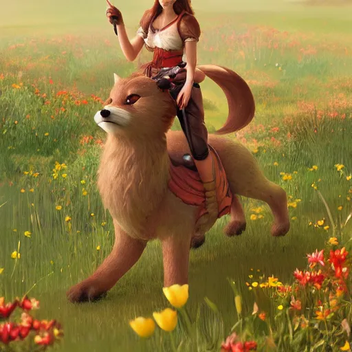 Image similar to girl riding a giant fox in a field of flowers, trending on artstation