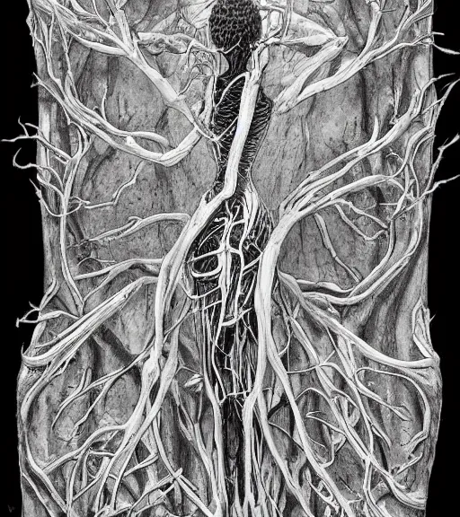 Image similar to the human nervous system. black and white drawing, in the style of greg rutkowski, fantasy, amazing detail, epic, intricate, elegant, smooth, sharp focus