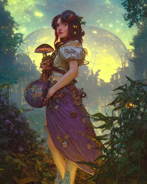 Image similar to girl in solarpunk fantasy village, evening, 4 k, ultra realistic, detailed, epic lighting, starry sky, magical, glowing forest, mushrooms, machines, high detail, masterpiece, trending on artstation by artgerm and akihito tsukushi and alphonse mucha