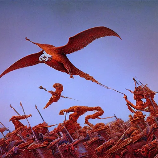 Image similar to the hungry birds of war. manowar album, 8k, highly detailed, conan the barbaraian style by Zdzisław Beksiński