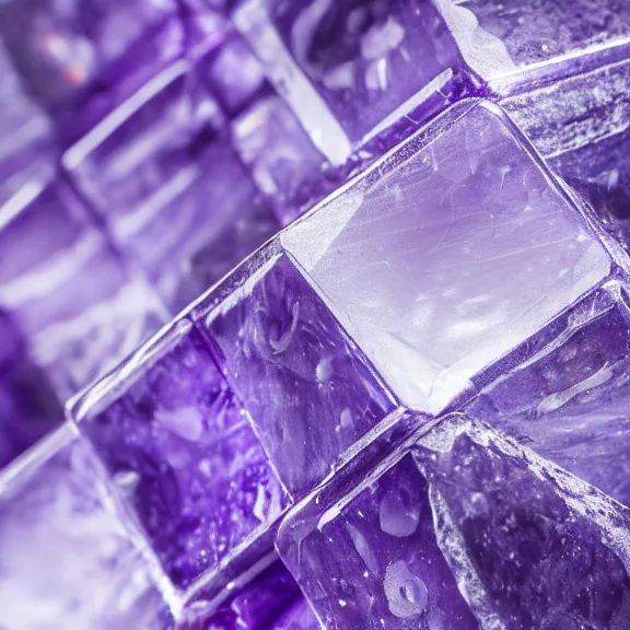 Image similar to a 4 k photorealistic photo close up of a purple stone cube, mysterious.