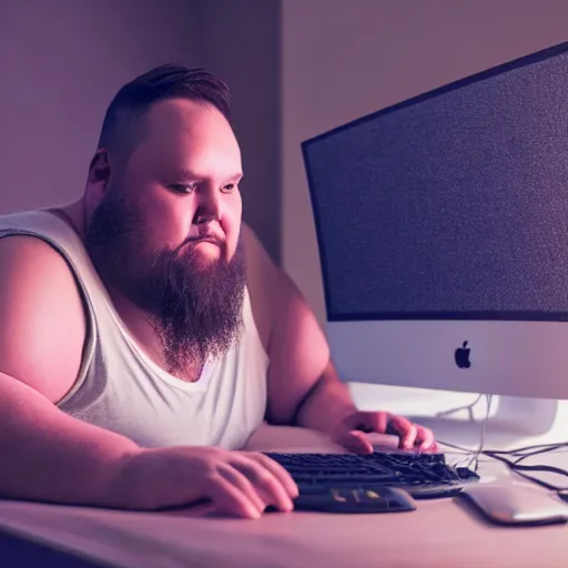 Image similar to a fat man working on his computer at nighttime in his room, dirty clothes, beard, short hair, white tank top, glowing, photography, realistic, detailed, cinematic, cinematography,