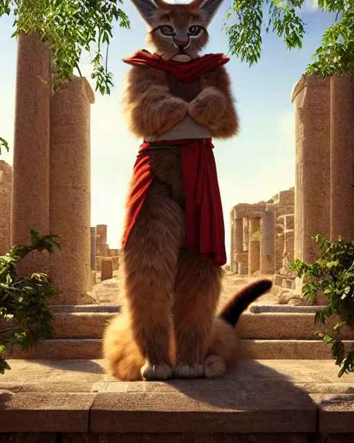 Image similar to fullbody photo of humanoid cute fluffy caracal dressed in toga, sun behind him, ancient greek city, sunny day, by ilya kuvshinov, rtx rendering, octane render 1 2 8 k, maya, extreme high intricate details by tom bagshaw, medium shot, composition by sana takeda, lighting by greg rutkowski