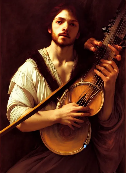 Prompt: bard playing lute, full body, hyper realistic, extremely detailed, dnd character art portrait, dark fantasy art, intricate fantasy painting, dramatic lighting, vivid colors, deviantart, artstation, by edgar maxence and caravaggio and michael whelan and delacroix.