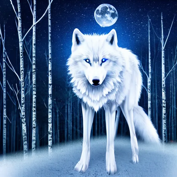 Prompt: white wolf with blue eyes stands in a dark night dormant autumn forest with magic moon in sky, no yellow color in eyes, no yellow color, realistic