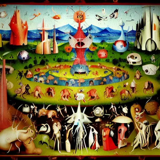 Prompt: garden of earthly delights by hieronymus bosch, animated in the style of pendleton ward, adventure time, bright and colorful