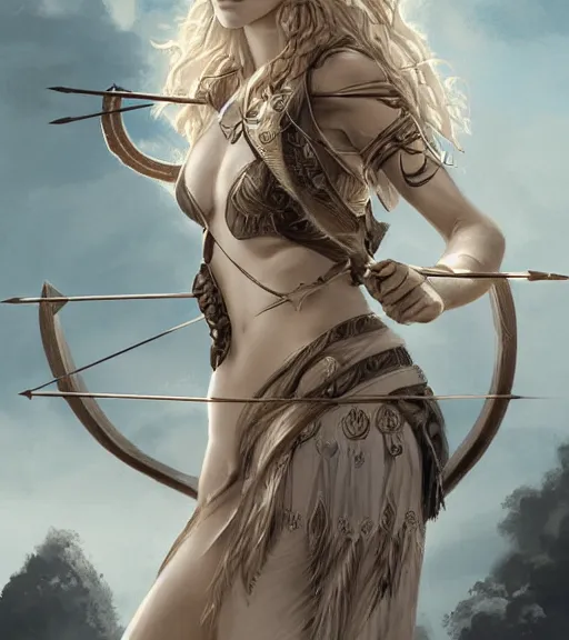 Prompt: portrait of very beautiful aphrodite goddess as an archer, arrow, beautiful piercing eyes, flowing blonde hair, realistic face, black and white drawing, in the style of greg rutkowski, fantasy, amazing detail, epic, intricate, elegant, smooth, sharp focus