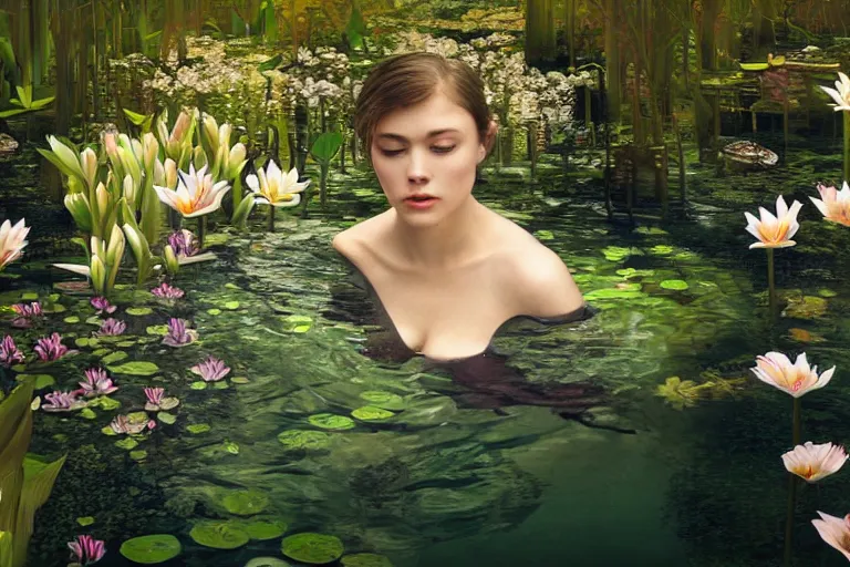 Image similar to hyperrealistic cinematic 3 d close up portrait of a woman's head and shoulders floating in a pond, detailed facial features, surrounded by a forrest of lillies, deep focus, intricate, elegant, by bill henson and gregory crewdson and james jean