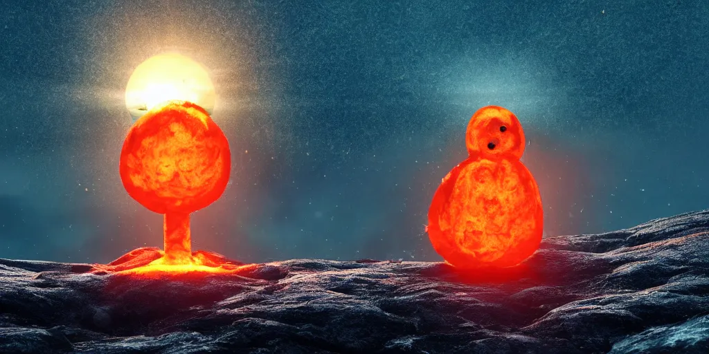 Image similar to a melted glowing snowman melting on top of the sun. the ground is made of fire and lava and is glowing orange. cinematic, dramatic, epic, volumetric lighting, atmospheric, red, orange extremely coherent, masterpiece, highly detailed, trending on artstation, 8 k, space, warm, solar flare, blade runner 2 0 4 9