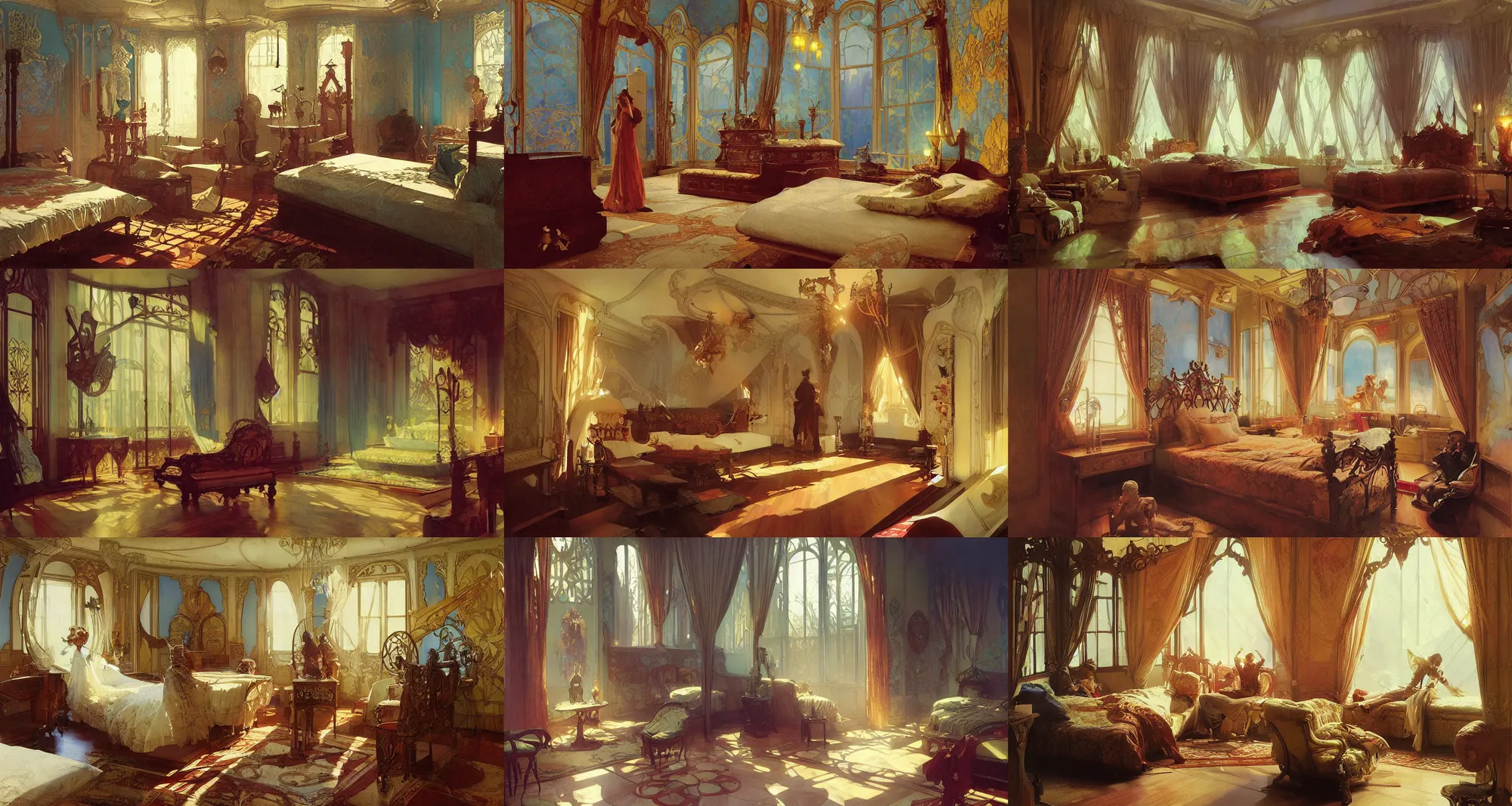 Prompt: bedroom, art nouveau architecture, fantasy, art by joseph leyendecker, ivan aivazovsky, ruan jia, reza afshar, marc simonetti, alphonse mucha