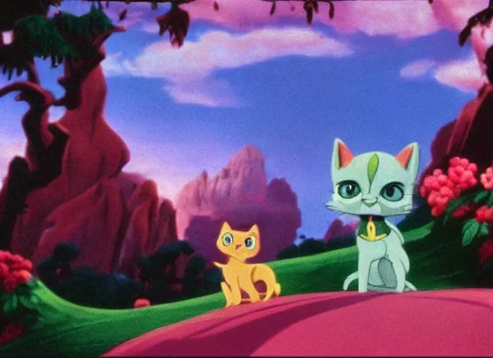 Image similar to littlest pet shop cat in a scenic matte painting from fantasia ( 1 9 4 1 )