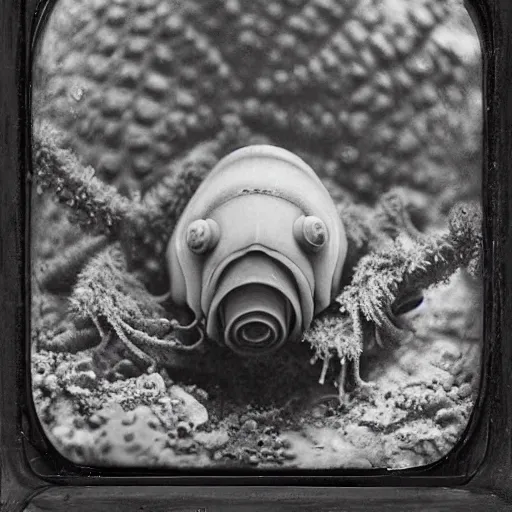 Image similar to tardigrade!!! daguerreotype portrait photograph. inspired by gerard grom and ansel adams. floral theme. beautiful. highly detailed. old timey.