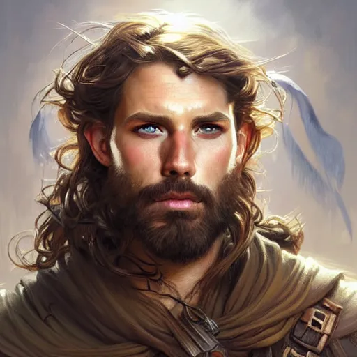 Image similar to Portrait of rugged male ranger, D&D, amber eyes, face, long hair, muscular, fantasy, intricate, elegant, highly detailed, digital painting, artstation, concept art, smooth, sharp focus, illustration, art by artgerm and greg rutkowski and alphonse mucha