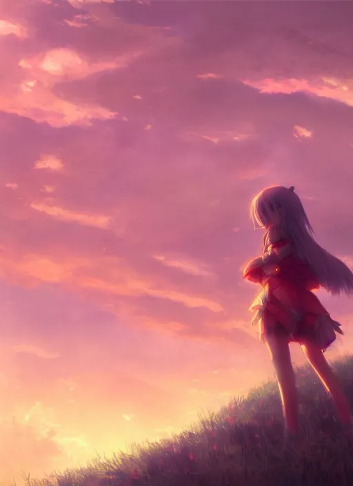 Prompt: anime girl standing on grass looking up at a cloudy sky during sunset, fantasy landscape concept art by ghibli craig mullins and rossdraws