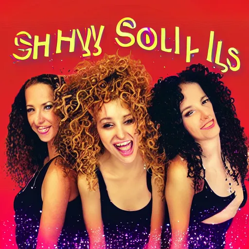 Image similar to album cover of a pop rock music group named'shiny souls'with two woman singers with blonde hair and one woman singer with brown curly hair singing in front of the crowd, very energetic, aerial view, digital art