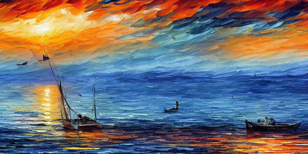 Image similar to rising sun ( ( ( fishing cormorant, fishing boat ) ) ) on the naples bay, by leonid afremov and moebius