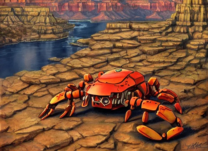 Image similar to realistic physically based rendering of a giant mechanical robot crab at the grand canyon by jack kirby!!! and simon bisley, epic, awesome trendy color palette, cinematic, claymation, by wes anderson and joop geesink, diorama