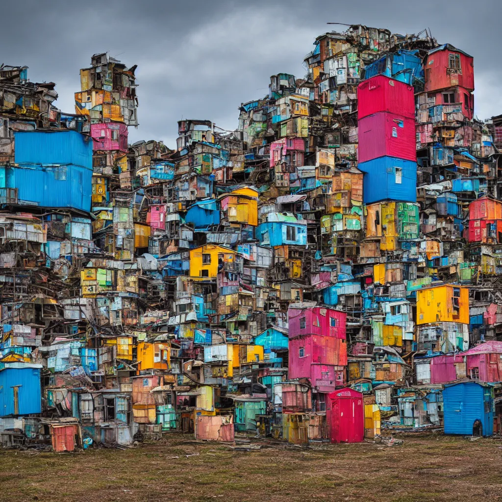 Prompt: a tower made up of colourful makeshift squatter shacks with blanks spaces, dystopia, sony a 7 r 3, f 1 1, fully frontal view, photographed by jeanette hagglund