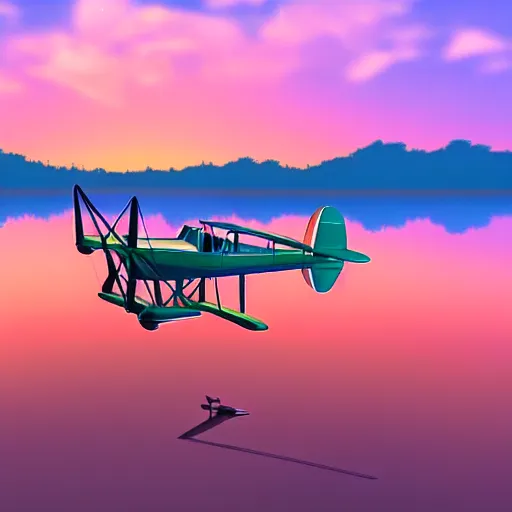 Prompt: a small engine biplane taking off over a lagoon in Thailand, sunset, synthwave, highly detailed, Ultra HD, unreal engine,