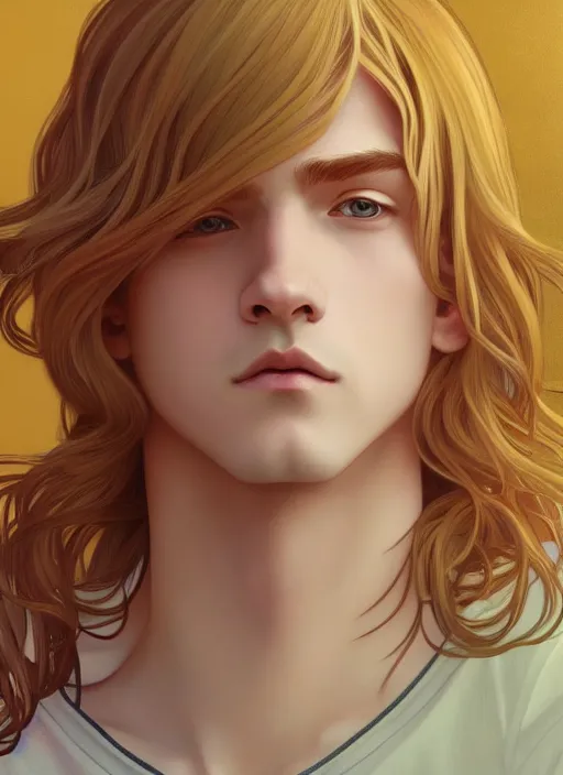 Image similar to pretty young man with shoulder length shiny shimmering golden blond hair, path traced, highly detailed, high quality, digital painting, by studio ghibli and alphonse mucha, leesha hannigan, makoto shinkai, disney