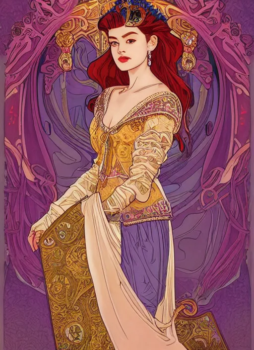 Image similar to well - lit art nouveau portrait of queen sirikrit of thailand who resembles sadie sink with red hair as a princess with intricate, ornate jewelry, natural lighting, path traced, highly detailed, high quality, cartoon, digital painting, by don bluth and ross tran and studio ghibli and alphonse mucha