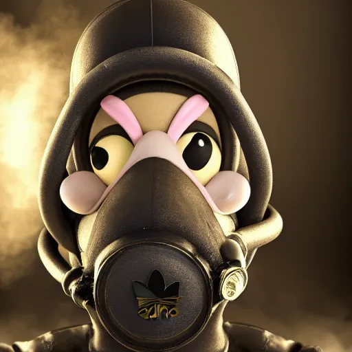 Image similar to waluigi wearing a black soviet gasmask and an adidas tracksuit, highly detailed photography, hyper realistic, octane render, cinematic