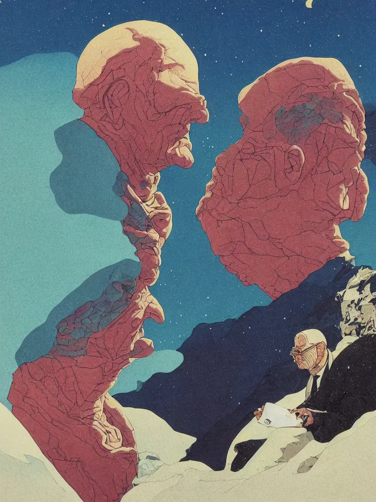 Image similar to a closeup portrait of an old man taking mind altering drugs, a blotter paper of lsd acid and dreaming psychedelic hallucinations in the vast icy landscape of antarctica, by kawase hasui, moebius, edward hopper, colorful flat surreal design, dramatic lighting, hd, 8 k, artstation