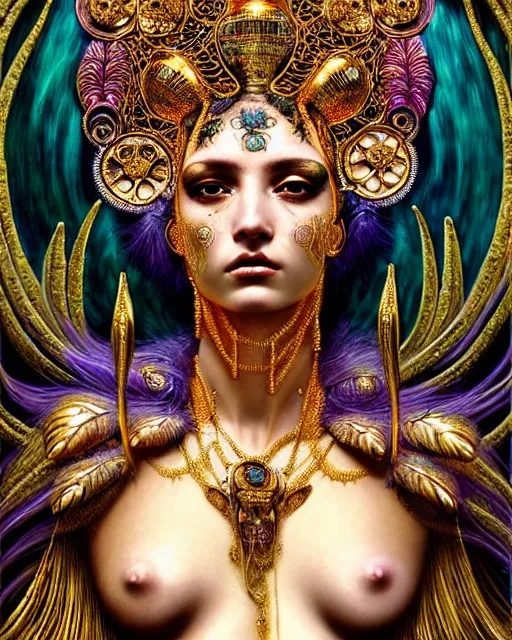 Image similar to hyperrealistic detailed portrait of a beautiful goddess in an iridescent - gold ornamental ritual headdress, intricate cyberpunk make - up, golden face tattoos, insane details, art by ernst haeckel, android jones, john william godward, gothic - cyberpunk, beautiful deep colours,