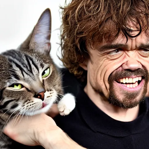 Prompt: peter dinklage laughing hysterically at a cat,