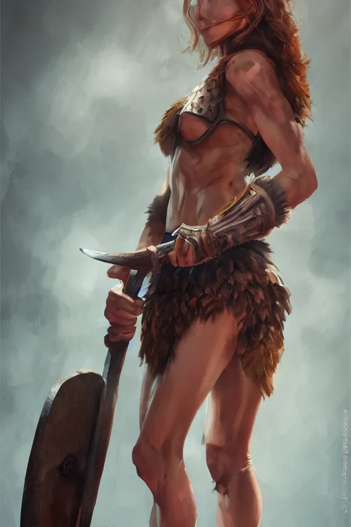 Image similar to head and legs portrait of a barbarian female, ultra sharp, very detailed, high quality focus by wlop