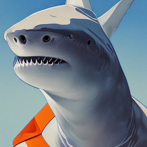 Prompt: great white shark, side view, with a silver and orange striped traffic cone on its dorsal fin - ron cheng & alphonse mucha, highly detailed, digital painting, ray tracing, concept art, illustration, smooth sharp focus, intricate, symmetry, artstation,