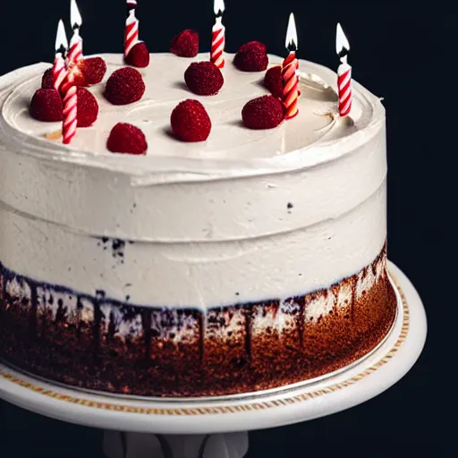 Image similar to cinematic screenshot of a delicious looking birthday cake ; crisp sharp focus ; ultra realistic, concept art, intricate details, food photography, highly detailed, photorealistic, octane render, 8 k, unreal engine. ray traced hdr lighting