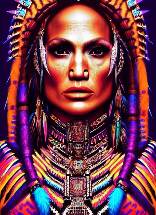 Image similar to portrait of jennifer lopez, hyper detailed ultra sharp aztec shaman warrior. trending on artstation, warpaint aesthetic, bloodwave, colorful, psychedelic, ornate, intricate, digital painting, concept art, smooth, sharp focus, illustration, art by artgerm and greg rutkowski and h. r. giger, 8 k