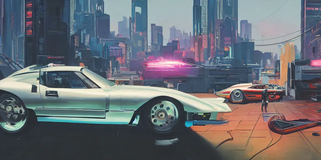 Prompt: art style by Ben Aronson and Edward Hopper and Syd Mead, wide shot view of the Cyberpunk 2077, on ground level. full view of the hybrid design any two cars from 1980's, with wide body kit modification and dark pearlescent holographic paint.