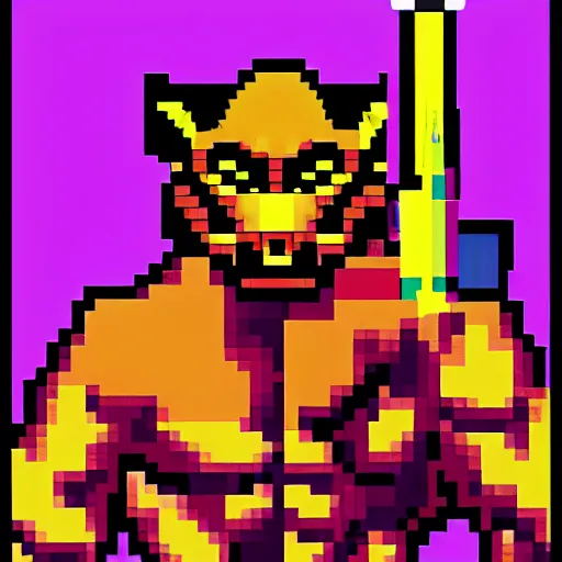 Prompt: full body portrait. 8 bit nes graphics. antropomorphic muscular masculine wolf. kickboxer fighter, in shorts. wolf head. furr on body. at night. postapocalyptic city on background, violet sky