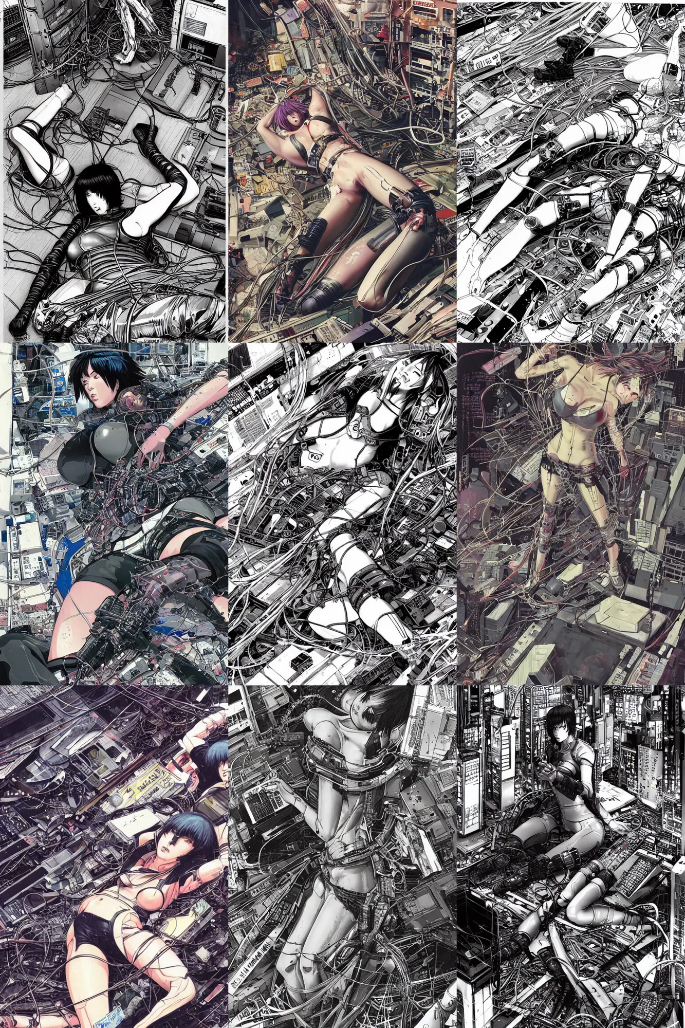 Prompt: a hyper-detailed cyberpunk illustration of motoko kusanagi lying torn apart over an empty floor, with her broken body open and a mess of cables and wires coming out, by masamune shirow and katsuhiro otomo