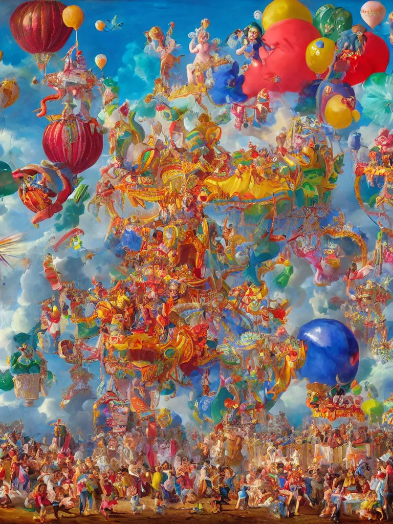 Image similar to a beautiful painting of a carnival with enormous balloon monsters, by jonas burgert, fallas party figures, realistic colors