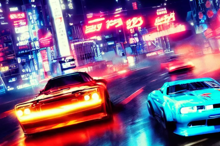 Prompt: tokyo drift fast and furious film still, racing on wet city street at night, hyper detailed, forza, smooth, need for speed, high contrast, volumetric lighting, synthwave, octane, george miller, jim lee, vibrant rich deep color, comic book, ridley scott