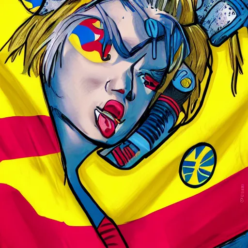 Image similar to tank girl comic, ultra detailed face, ukrainan flag