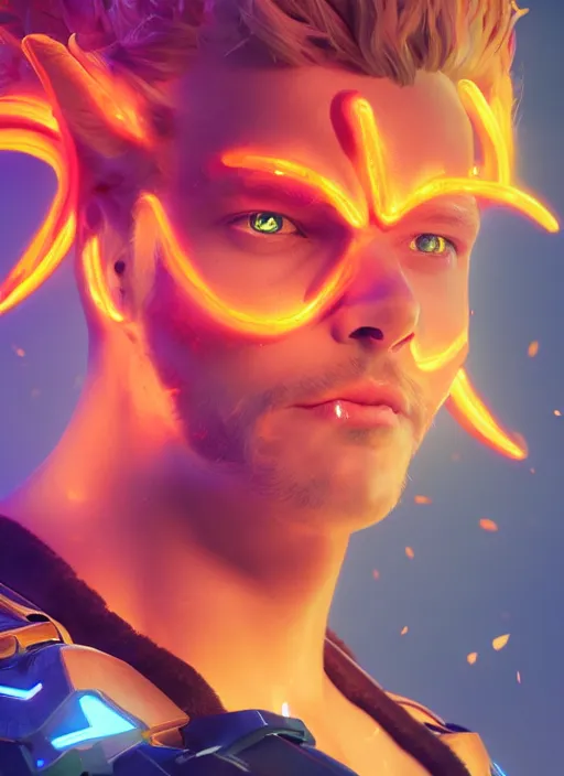 Image similar to glowwave portrait of a curly orange hair angel man with demon horns from overwatch, au naturel, hyper detailed, digital art, trending in artstation, cinematic lighting, studio quality, smooth render, unreal engine 5 rendered, octane rendered, art style by klimt and nixeu and ian sprigger and wlop and krenz cushart riot arcane overwatch