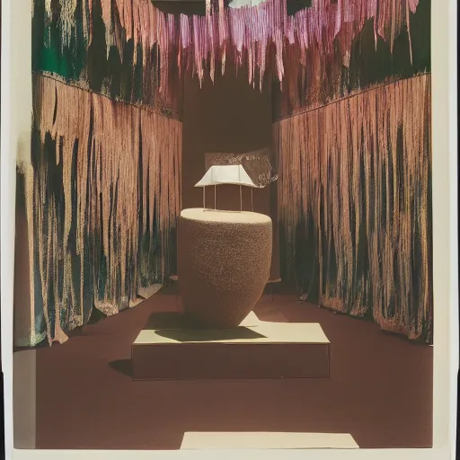 Prompt: a three color offset photography of an hybrid object that combines magical ethnographic artifacts, modernism, and exotic wonder, conceptual art, exhibition display, collection, 4 k, museum, 6 0 s style