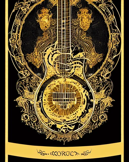 Prompt: demonic fractalpunk guitar concept illustration, rococo, celestial runes floating, symmetrical composition, spiral with golden ratio, gold and black paper, de - noise, ornate border, tarot card, 8 k