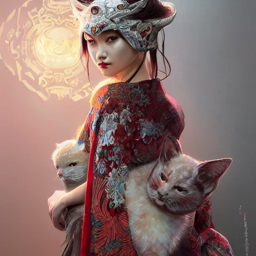 Prompt: a Photorealistic dramatic fantasy render of a beautiful woman wearing a beautiful intricately detailed Japanese Cat Kitsune mask and clasical Japanese Kimono by WLOP,Artgerm,Greg Rutkowski,Alphonse Mucha, Beautiful dynamic dramatic dark moody lighting,shadows,cinematic atmosphere,Artstation,concept design art,Octane render,8K The seeds for each individual image are: [4152298872, 1907584509, 2559607347, 373851287, 3201138310, 2582135491]