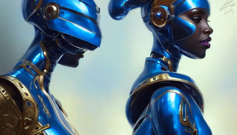 Image similar to concept art of very very very very very very beautiful african woman, spacesuit, futuristic cybernetic helmet, blue eyes, real life skin, intricate, elegant, highly detailed, artstation, concept art, smooth, sharp focus, art by artgerm and greg rutkowski and alphonse mucha