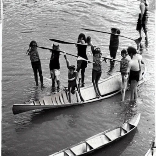 Prompt: a horrible eldritch being made of canoes and canoe paddles, eerie photo, 1 9 8 0 s nostalgic camp photo