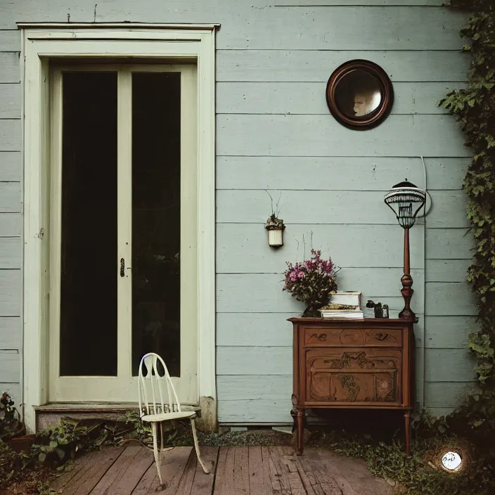 Image similar to kodak portra 4 0 0, wetplate, fisheye, award - winning portrait by britt marling, 1 9 2 0 s victorian porch, outside, ghost, picture frames, shining lamps, dust, smoke, 1 9 2 0 s furniture, wallpaper, carpet, books, muted colours, wood, fog, plants, flowers