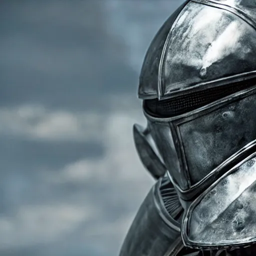 Image similar to close - up of an armoured knight in a movie directed by christopher nolan, movie still frame, promotional image, imax 7 0 mm footage